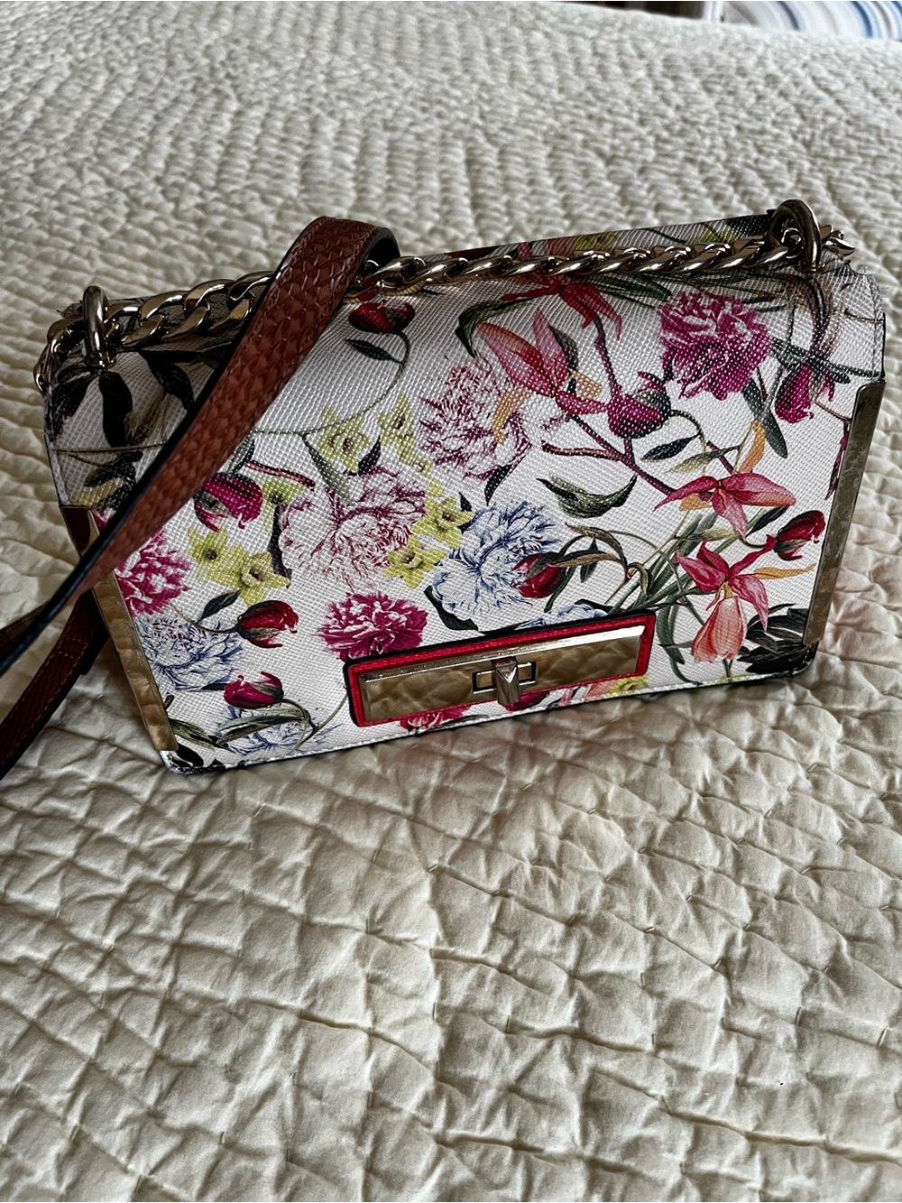 Aldo Floral Crossbody Bag in White with Pink, Red & Brown Accents